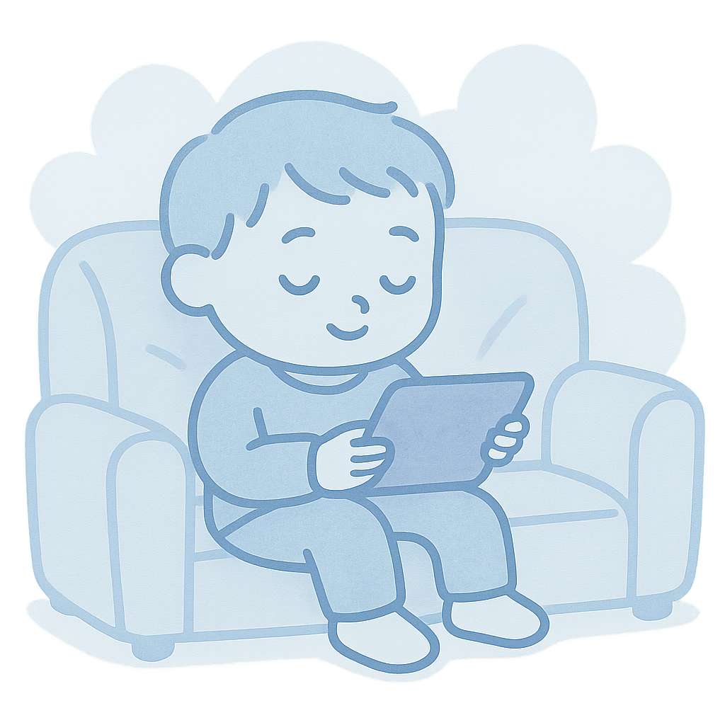 A calm toddler sitting quietly on a sofa holding a tablet